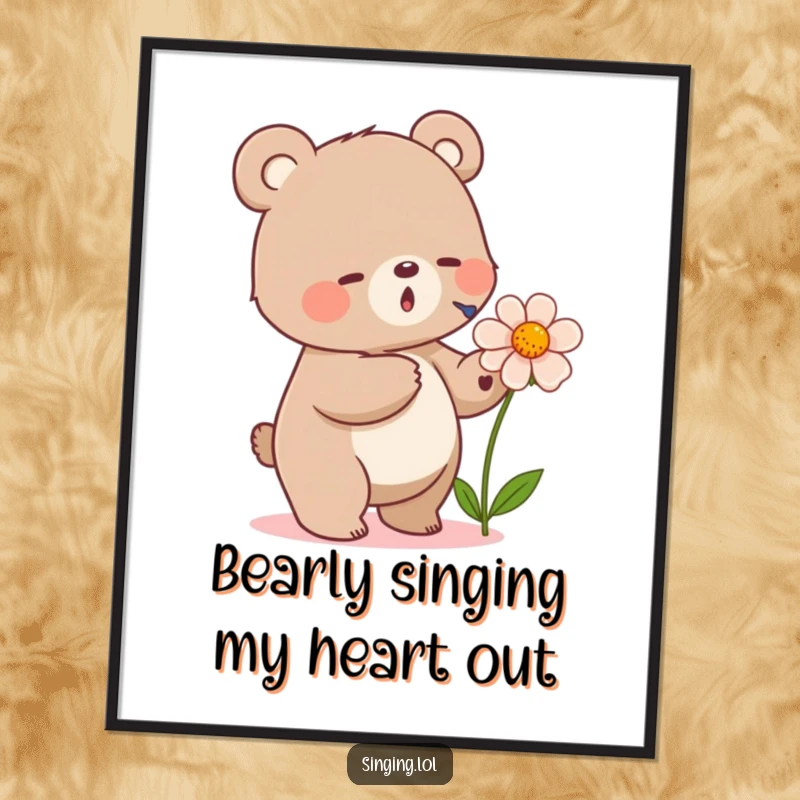 Funny Free Printable Wall Art: A small bear taps its foot and sings into a flower, creating a charming and sweet piece of decor.