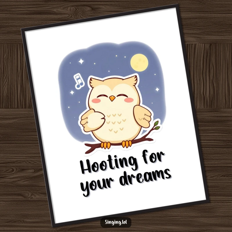 Funny Free Printable Wall Art: A smiling owl character serenades the moon with a soft, melodic tune under the night sky.