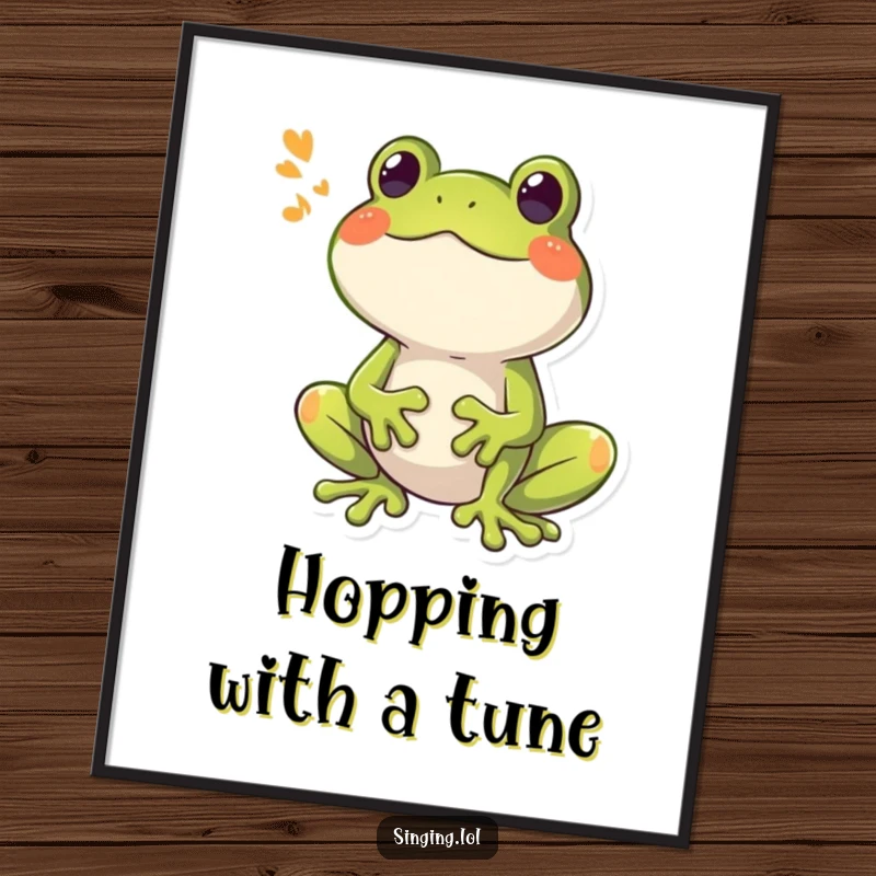 Funny Free Printable Wall Art: A happy frog character emitting a loud, booming song, vibrant and cheerful decor.