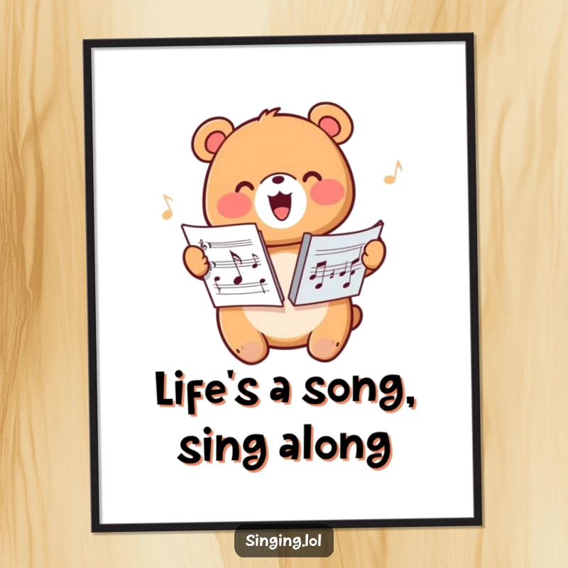 Funny Free Printable Wall Art: A happy bear character harmonizing with enthusiasm while holding a sheet of music.