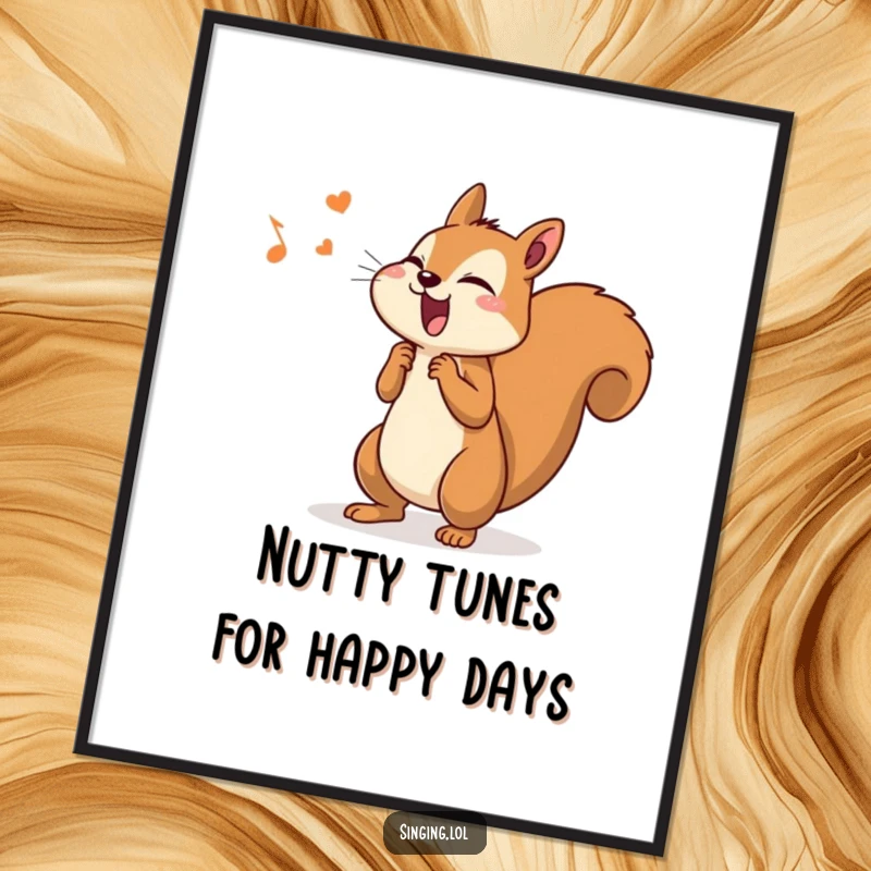Funny Free Printable Wall Art: A determined squirrel character enthusiastically sings with its bushy tail wagging, bringing vibrant energy.