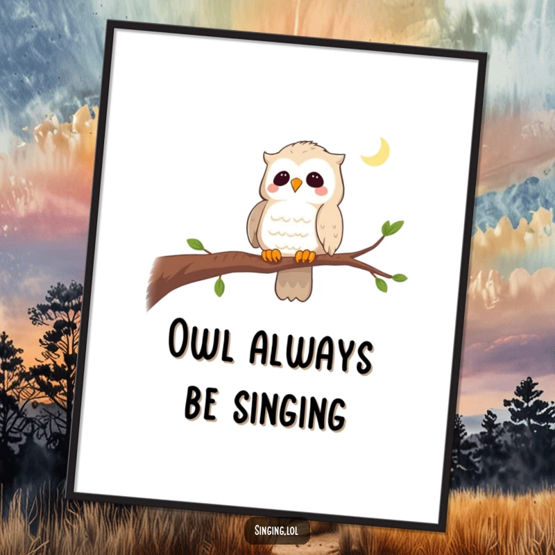 Funny Free Printable Wall Art: A curious owl perched on a branch sings a gentle lullaby, creating a serene and lovely piece of art.