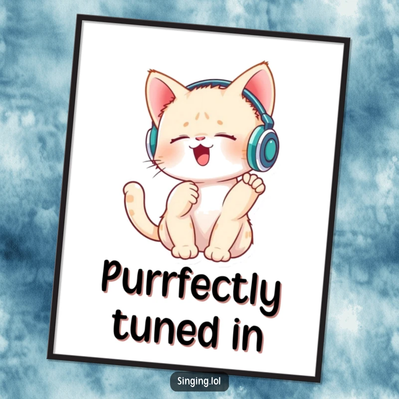 Funny Free Printable Wall Art: A hip kitten wearing tiny headphones, singing and tapping its paw to the beat.