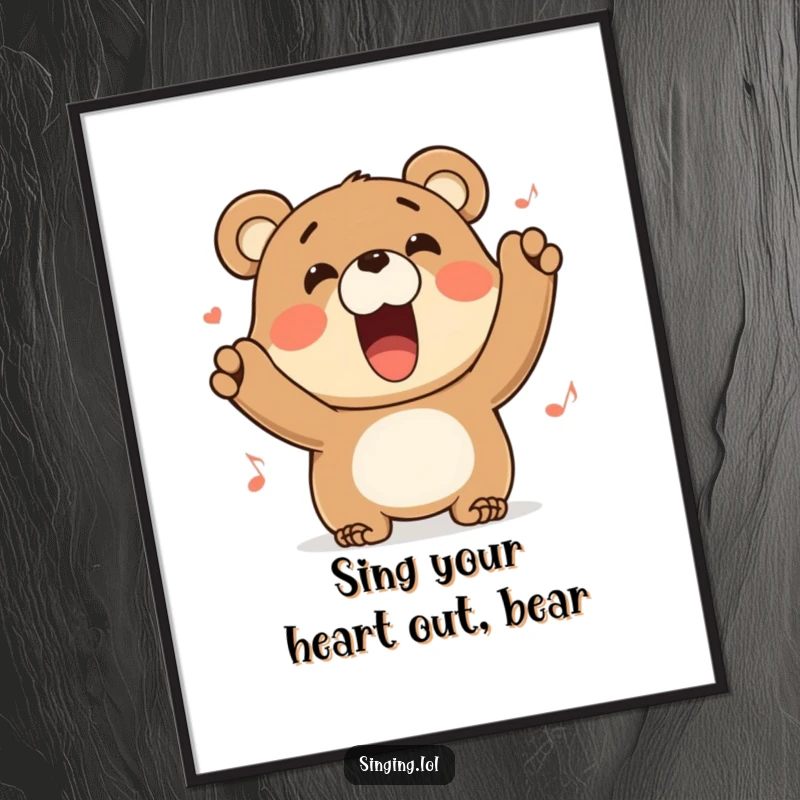 Funny Free Printable Wall Art of a happy bear character singing its heart out with a wide, infectious grin, bringing joy.