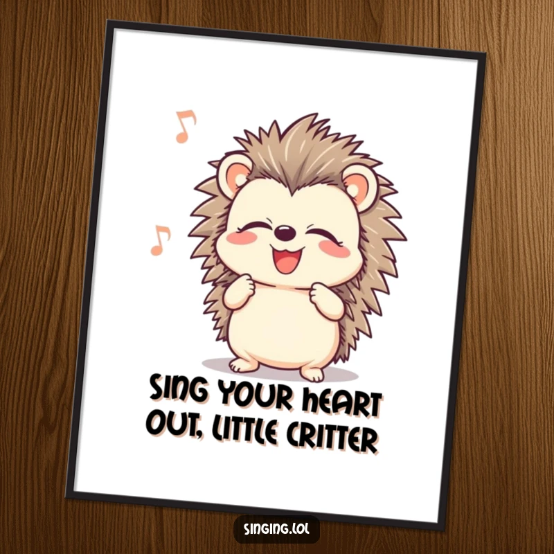 Funny Free Printable Wall Art: A smiling hedgehog belts out a song with closed eyes, bringing musical joy.