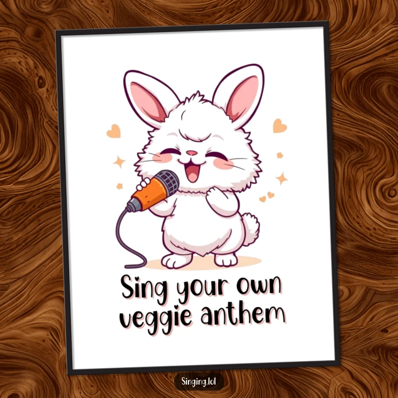 Funny free printable wall art of a fluffy bunny character singing its heart out into a carrot microphone, bursting with musical energy.