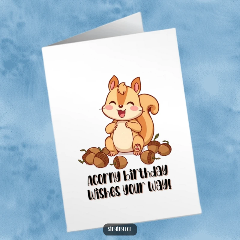 Funny Free Printable birthday card of a happy squirrel jamming on acorns, spreading wild musical joy for your celebration.