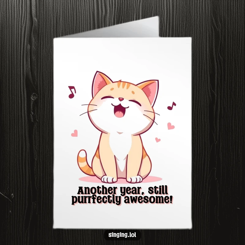 Funny Free Printable Birthday Card showing a giggling cat character loudly yowling a silly, joyful ballad. Perfect for a music lover.