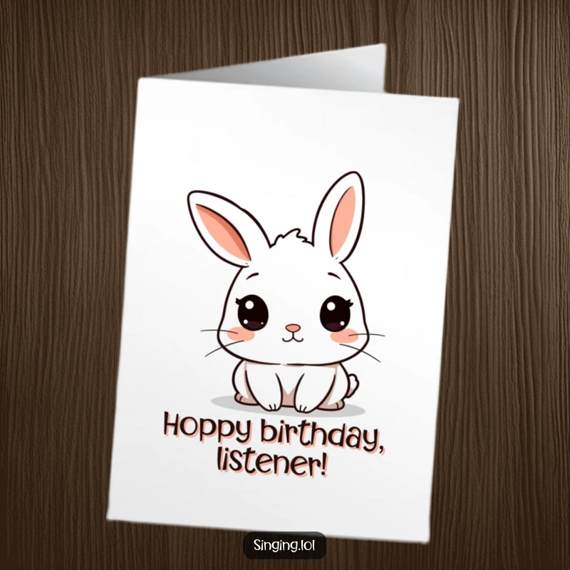Funny Free Printable Birthday Card: A curious rabbit character with twitching ears intently listening, perfect for a secret message.