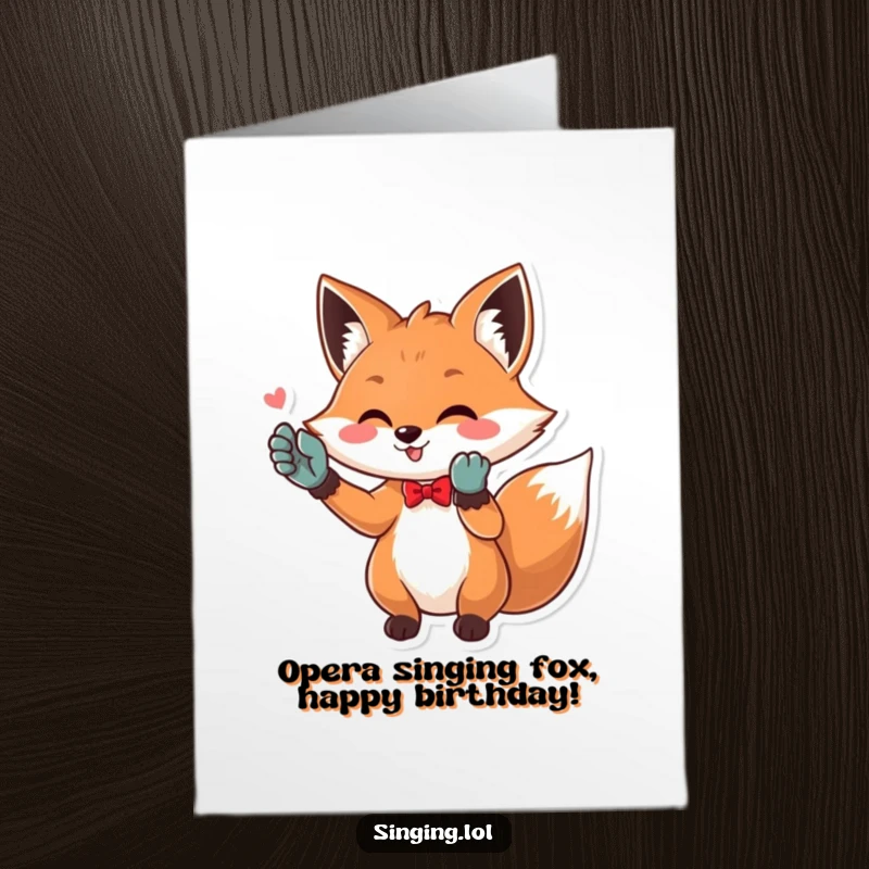 Funny Free Printable Birthday Card: Playful fox in opera gloves singing high note, perfect for a musical celebration.