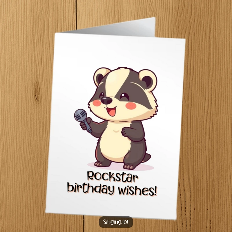 Funny Free Printable Birthday Card: A giggling badger holds a microphone high, ready to perform, a hilarious DIY gift.