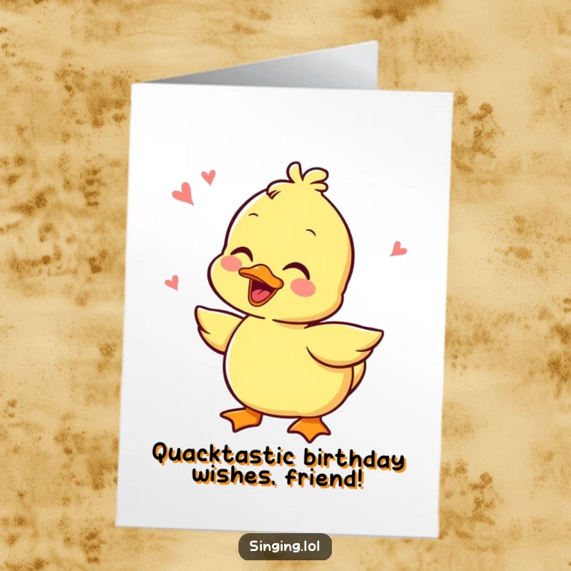 Funny Free Printable Birthday Card featuring a joyful duckling character giggling loudly while quacking in a happy, rhythmic tune.