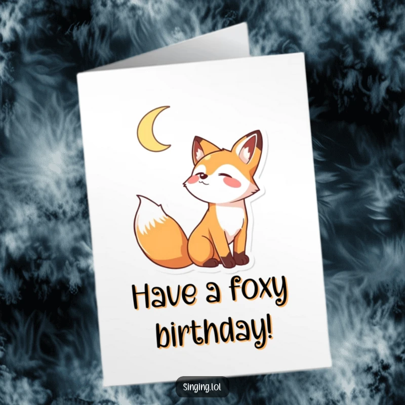 Funny Free Printable Birthday Card: A playful fox character joyfully howling at a bright crescent moon.