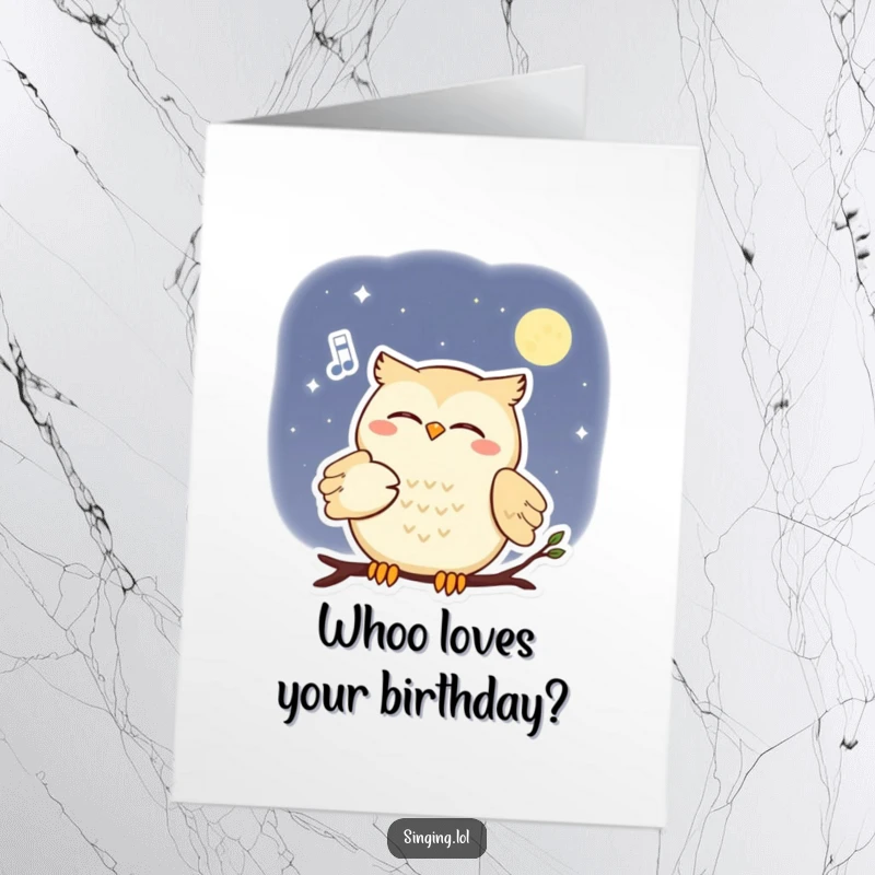 Funny Free Printable Birthday Card: A smiling owl character serenades the moon with a soft, enchanting melody.