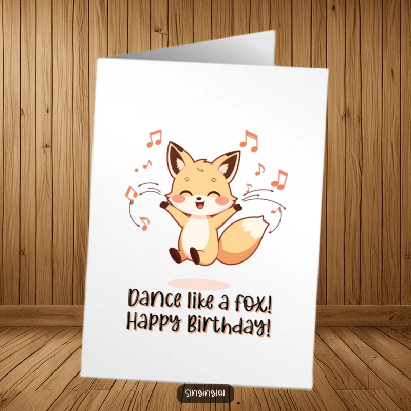 Funny Free Printable Birthday Card: A little fox character joyfully dancing amidst a flurry of swirling musical notes.