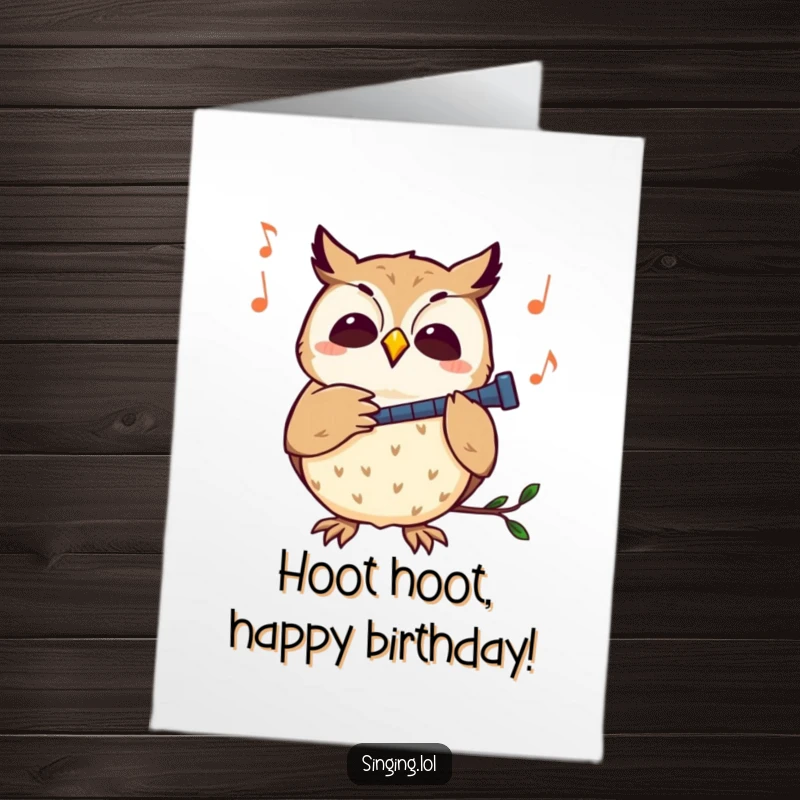 Funny Free Printable Owl Birthday Card: A curious owl character hooting joyfully along to a musical melody, celebrating a birthday.