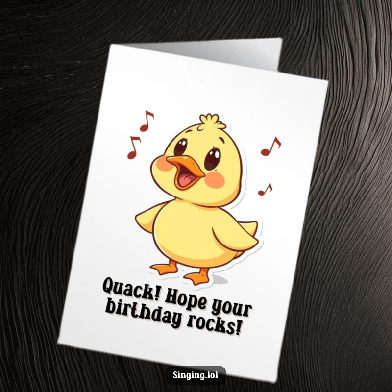 Funny Free Printable Birthday Card: Surprised duck character quacking a funny, musical tune with wide eyes.