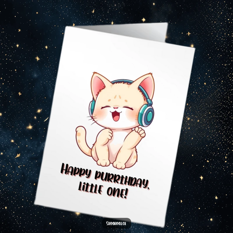 Funny Free Printable Birthday Card: A cute kitten wearing tiny headphones, singing and tapping its paw rhythmically.