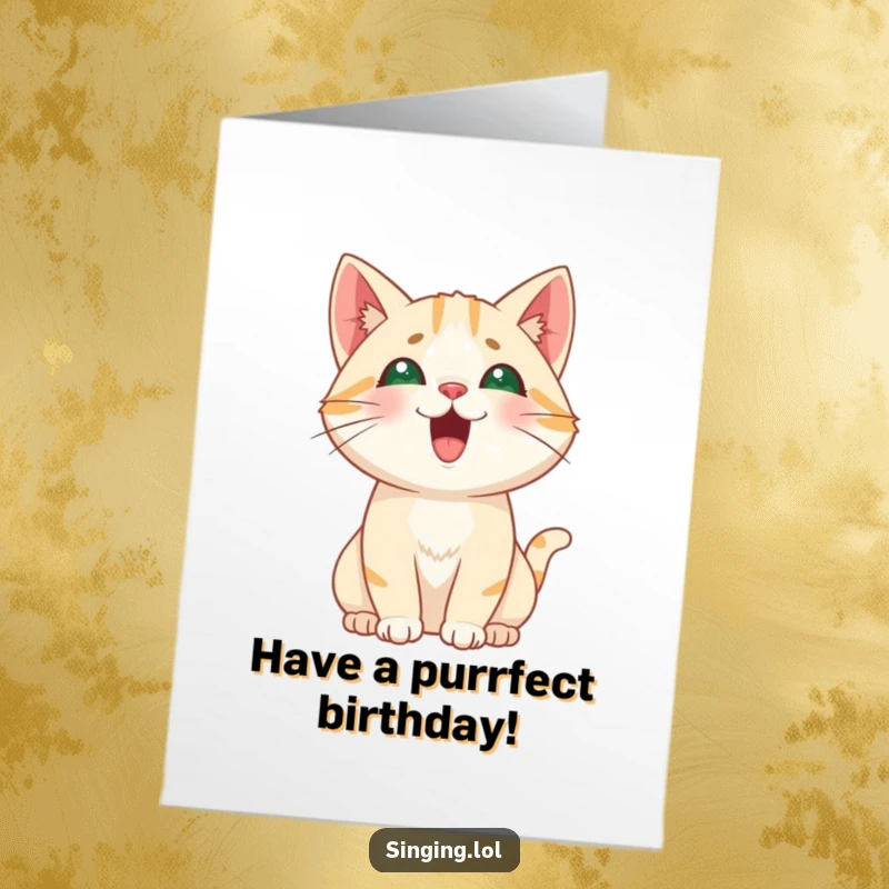 Funny Free Printable Birthday Card: A curious cat character meowing loudly, hitting a playful, high pitch.