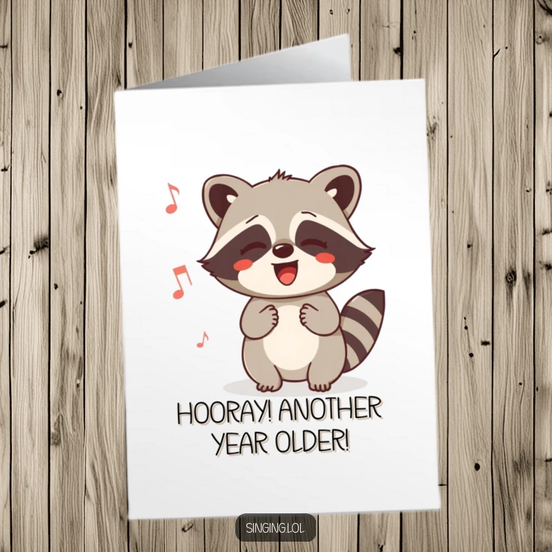 Funny Free Printable Birthday Card: A delighted raccoon happily humming a cheerful tune, spreading joy.