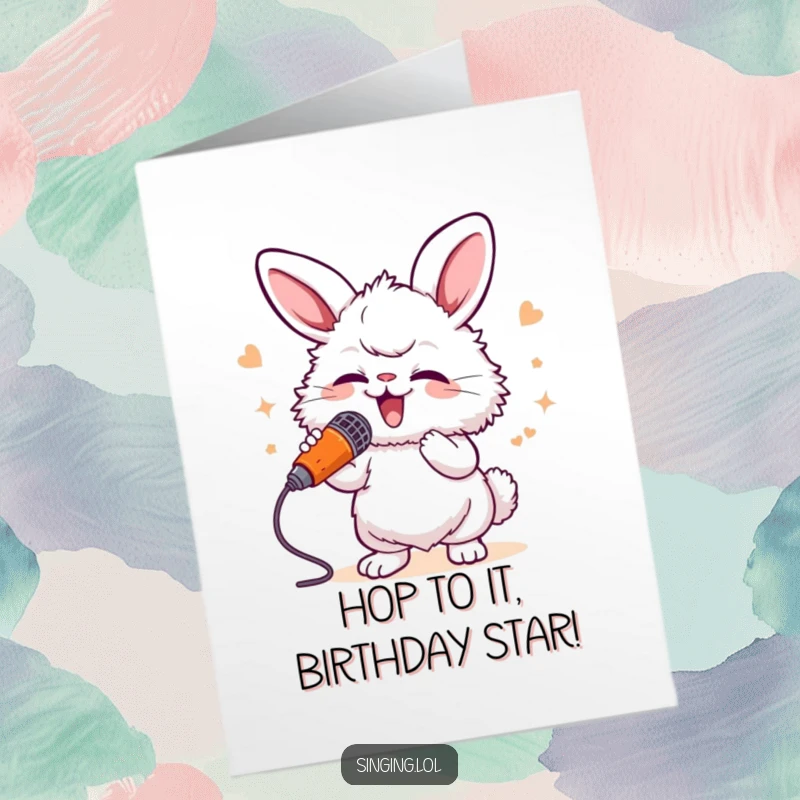 Funny free printable birthday card with a fluffy bunny character energetically singing into a giant carrot microphone with a huge smile.