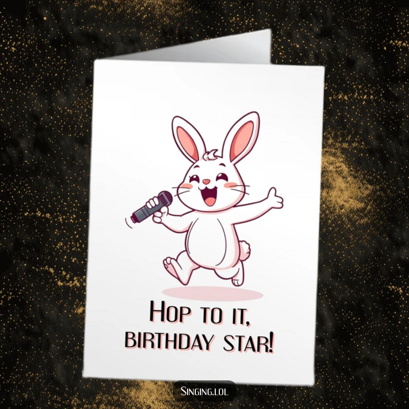 Funny Free Printable Birthday Card: A cheerful bunny excitedly hops with a microphone like a rockstar, ready to celebrate.
