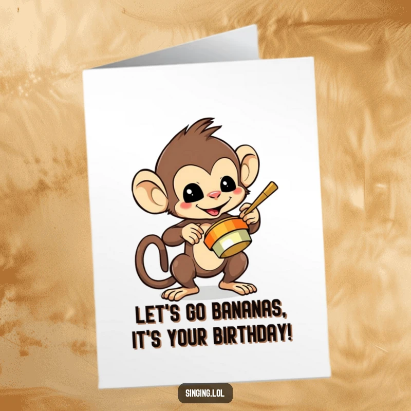 Funny Free Printable Birthday Card: A mischievous monkey character gleefully playing cymbals with wild, celebratory flair.
