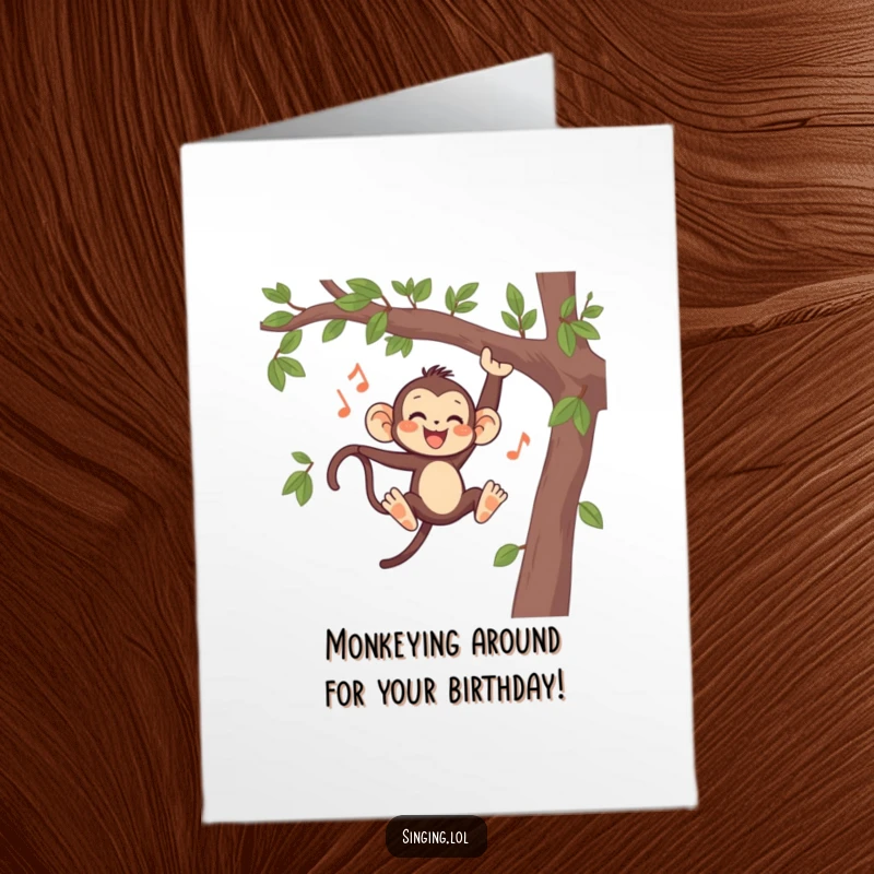 Funny Free Printable Birthday Card: Playful monkey serenading from tree branches, perfect for a musical celebration.
