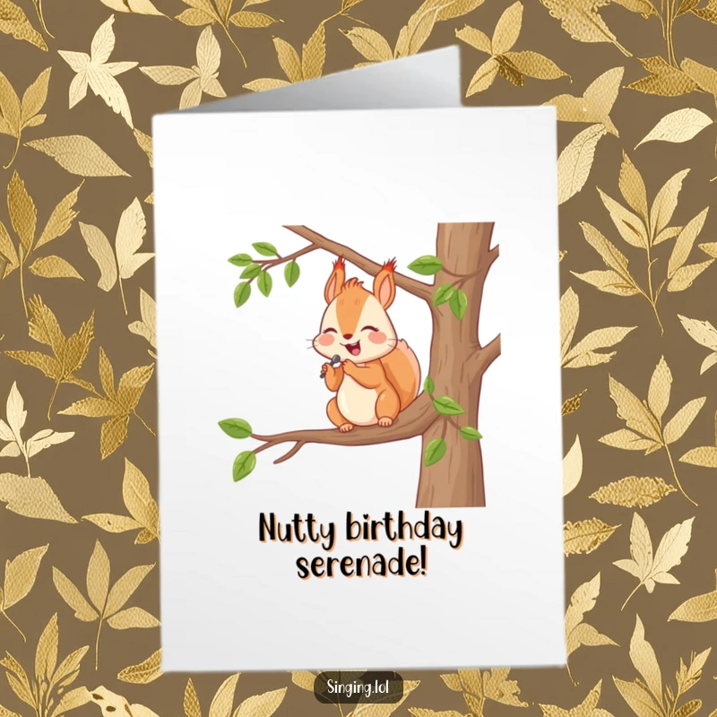 Funny Free Printable Birthday Card: A happy squirrel serenades from a tree branch, a sweet and humorous DIY greeting.