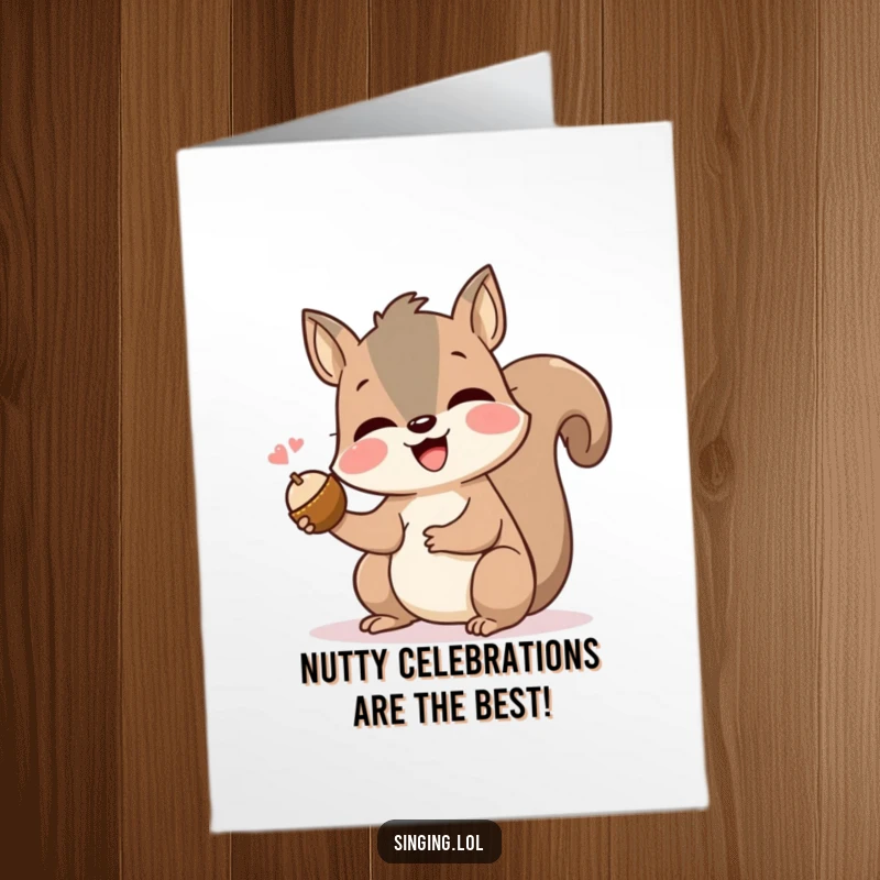 Funny Free Printable Birthday Card: A cheerful squirrel belts out a tune while clutching a single, precious nut.