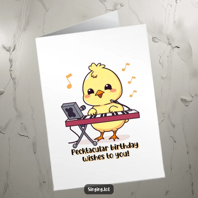 Funny Free Printable Birthday Card: A bouncy chick character pecking at a keyboard as if it were a microphone.