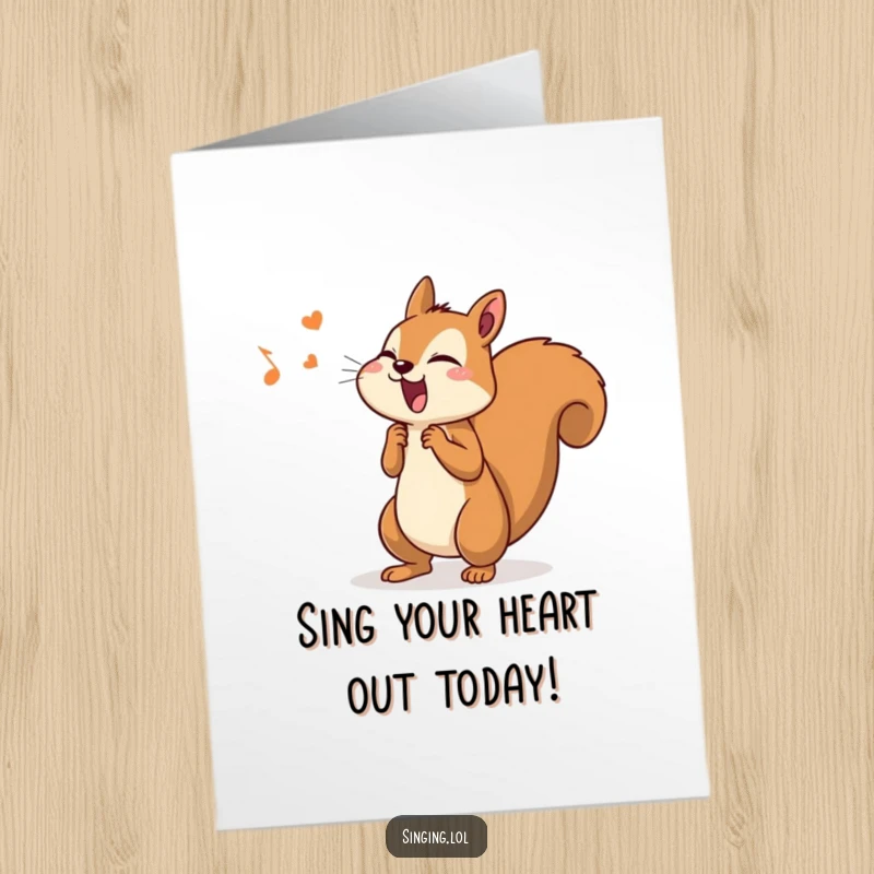 Funny Free Printable Birthday Card: A determined squirrel character belts out a tune with gusto, tail wagging energetically.
