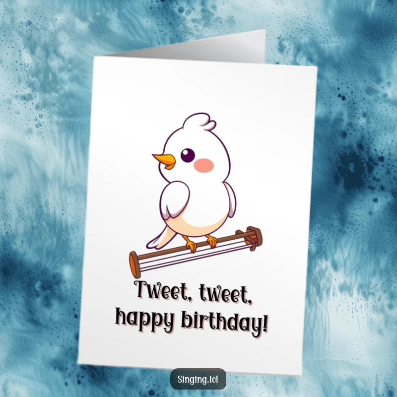 Funny Free Printable Bird Birthday Card: A smiling bird character perched on a musical staff, serenading a happy birthday.