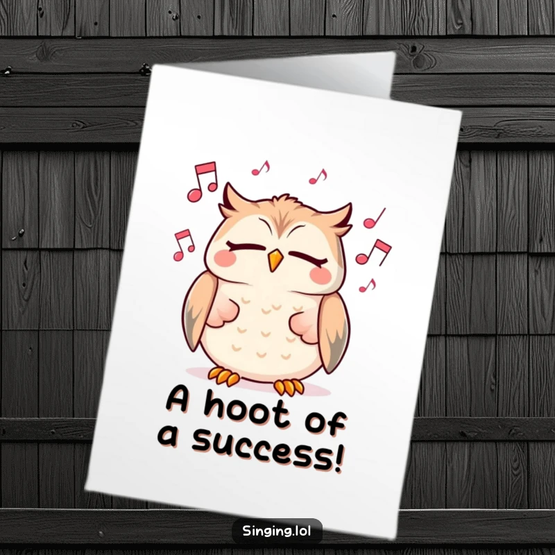Funny Free Printable congratulations card showing a cheerful owl character singing with closed eyes and floating musical notes.