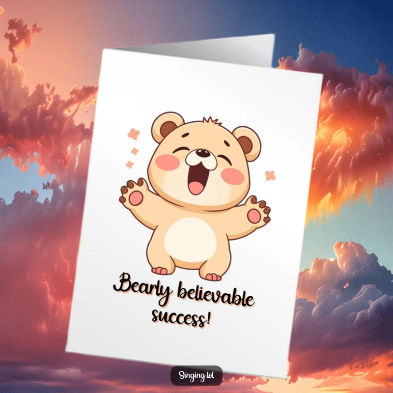 Funny free printable congratulations card showing a giggling bear cub singing loudly with paws spread wide, celebrating a big achievement.