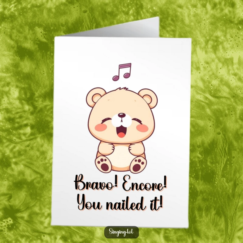Printable congratulations card: a happy bear cub with eyes closed sings a tune, a musical note above.