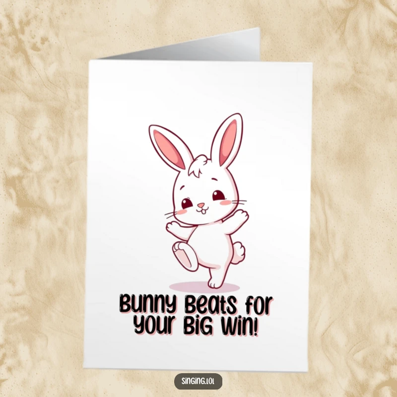 Funny Free Printable Congratulations Card: A curious bunny character tapping its foot energetically to a celebratory rhythm.