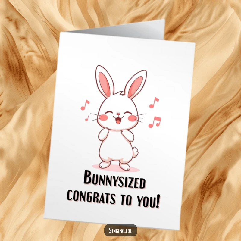 Cute Free Printable Rabbit Congratulations Card with a character humming a cheerful song, celebrating success with joy.