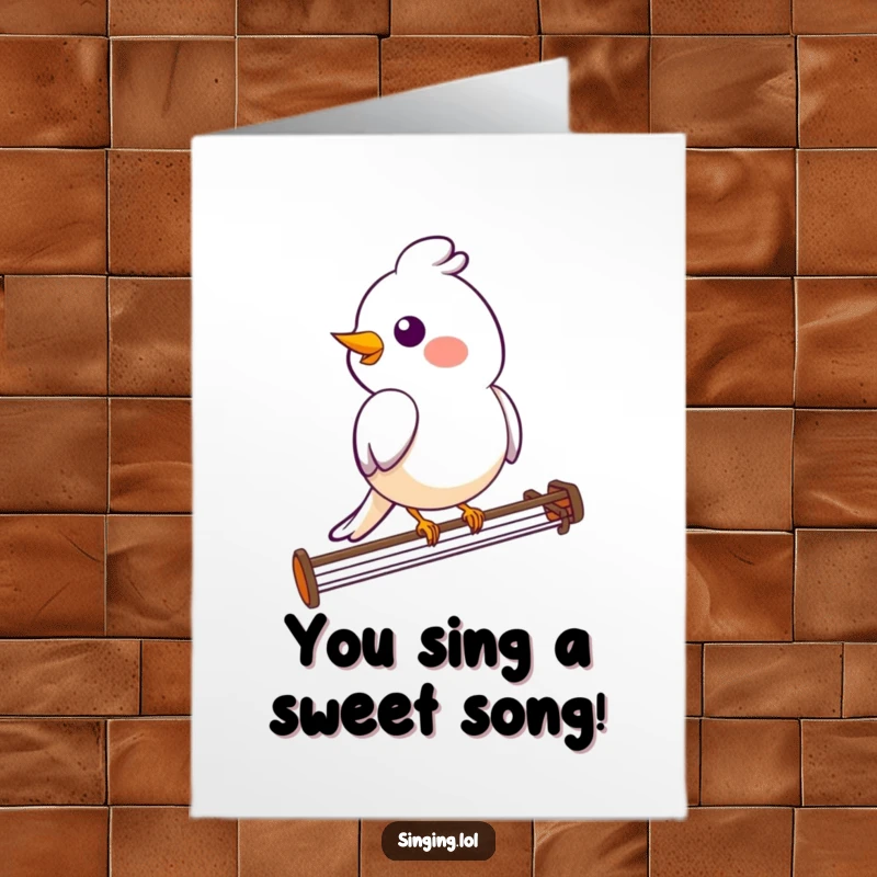 Funny Free Printable Bird Congrats Card: A smiling bird character perched on a musical staff, singing a song of congratulations.
