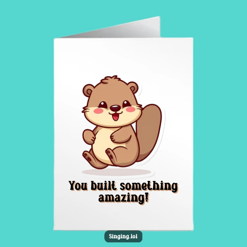 Free Printable Congrats Card: Beaver's Victory Dance, Upbeat Downloadable Greeting for Go-Getters