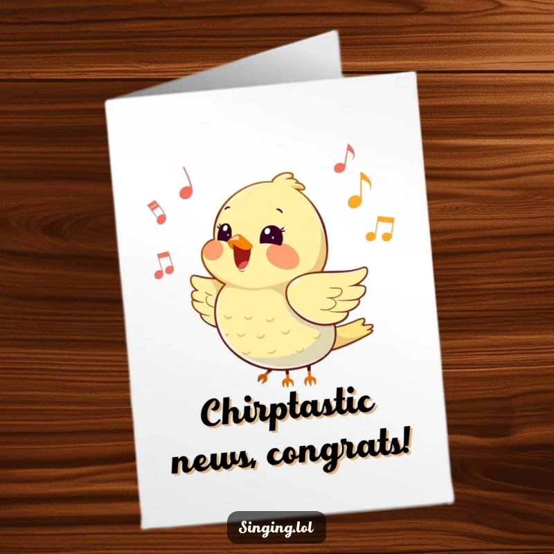 Funny free printable congratulations card: A joyful bird chirps while music notes dance in the air around it.