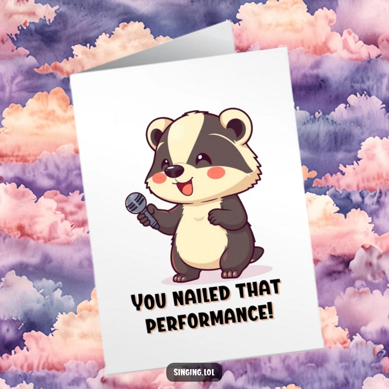 Funny Free Printable Congrats Card: A delighted badger grasps a microphone triumphantly, celebrating success, a great downloadable gift.