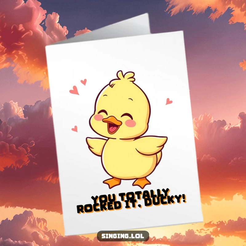 Funny Free Printable Congratulations Card showing a delighted duckling mid-quack, radiating infectious giggles and rhythmic joy.
