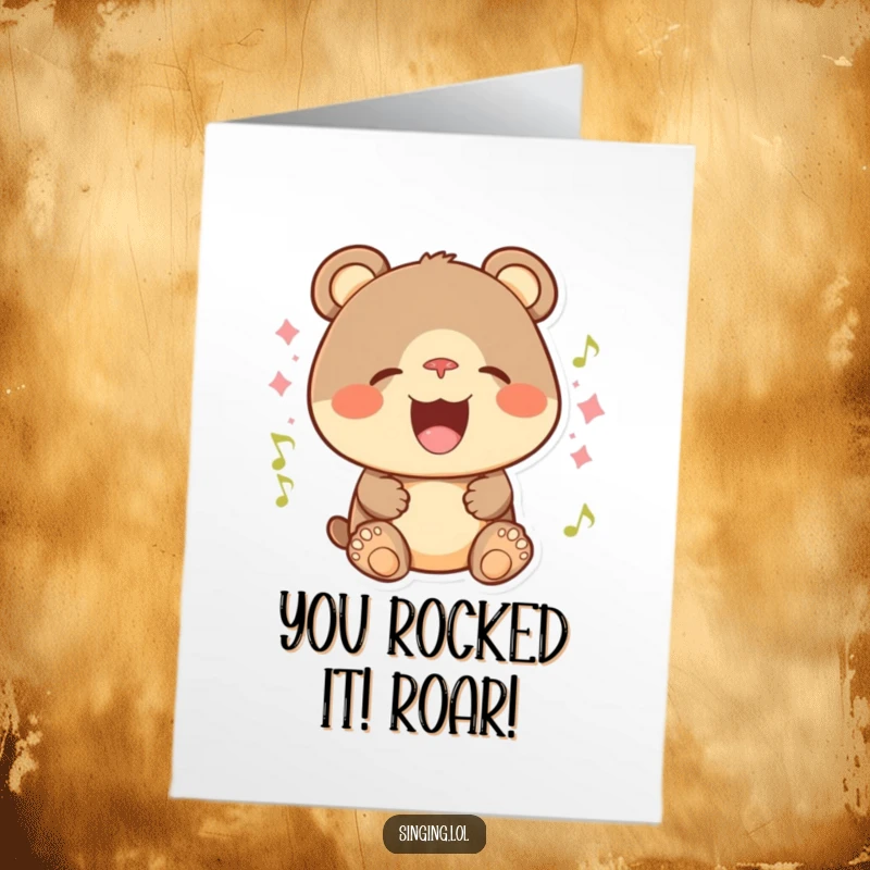 Funny Free Printable Congratulations Card: A jubilant bear cub sings loudly, celebrating your amazing achievement with a huge, happy smile.