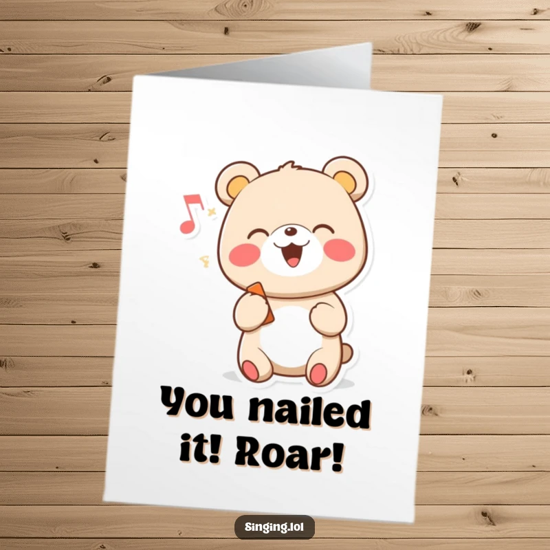 Funny Free Printable Congrats Card: A happy cartoon bear character belting out a tune with a prominent musical note.