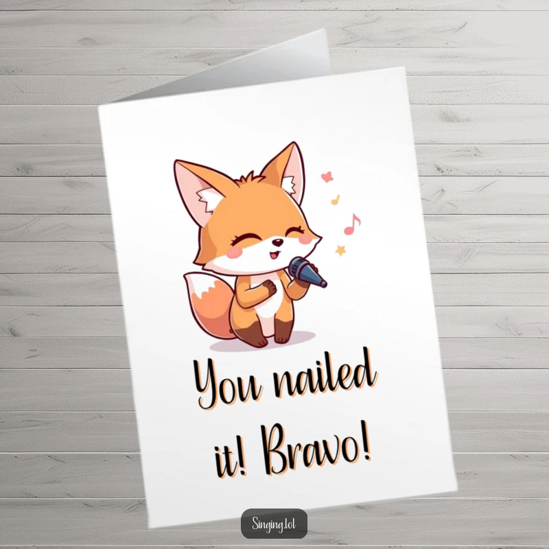 Funny Free Printable Congratulations Card: A joyful fox sings into a tiny microphone, celebrating your success with pure delight.