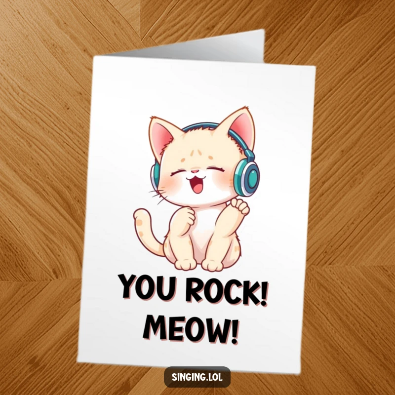 Funny Free Printable Congrats Card: A cool kitten dons tiny headphones and grooves while singing and tapping its paw.