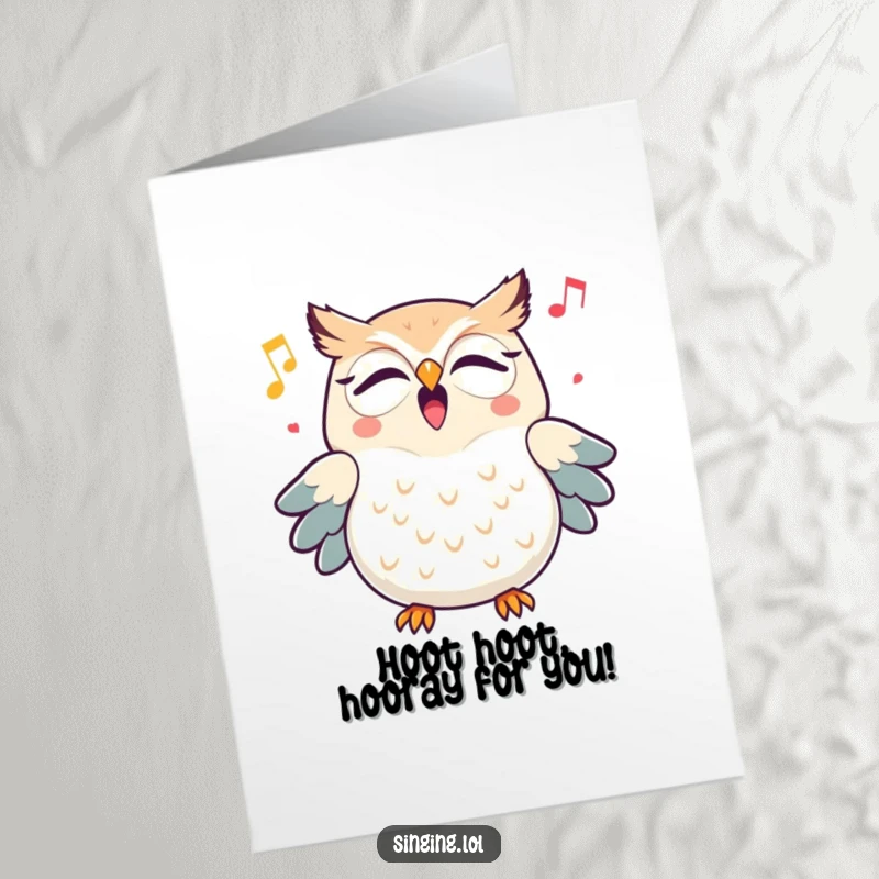 Funny Free Printable Congratulations Card: Triumphant owl character hooting a joyful melody to mark a grand achievement.