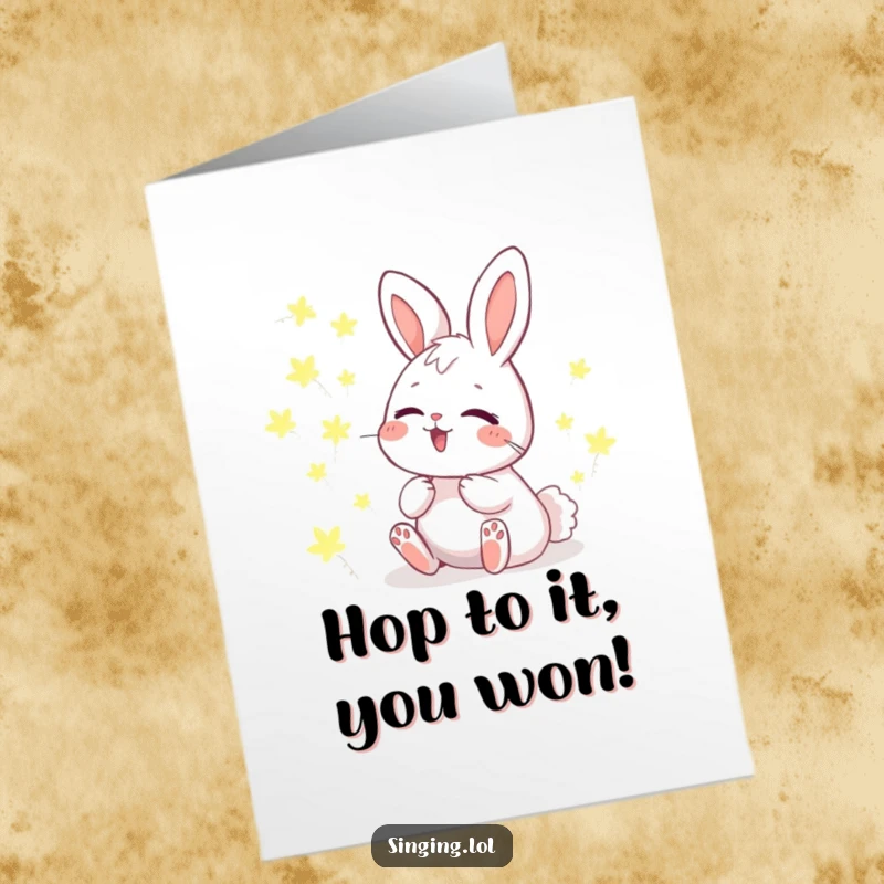 Printable congratulations card: a giggling bunny harmonizes with a magical chorus of glowing fireflies.