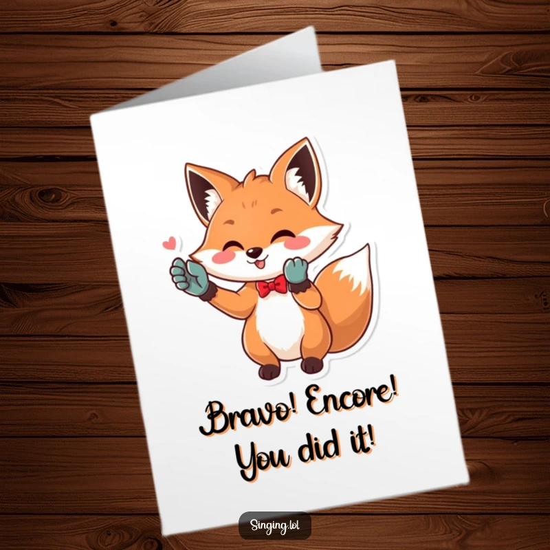 Free Printable Congratulations Card: Playful fox in opera gloves hitting a high note, celebrating success with flair.